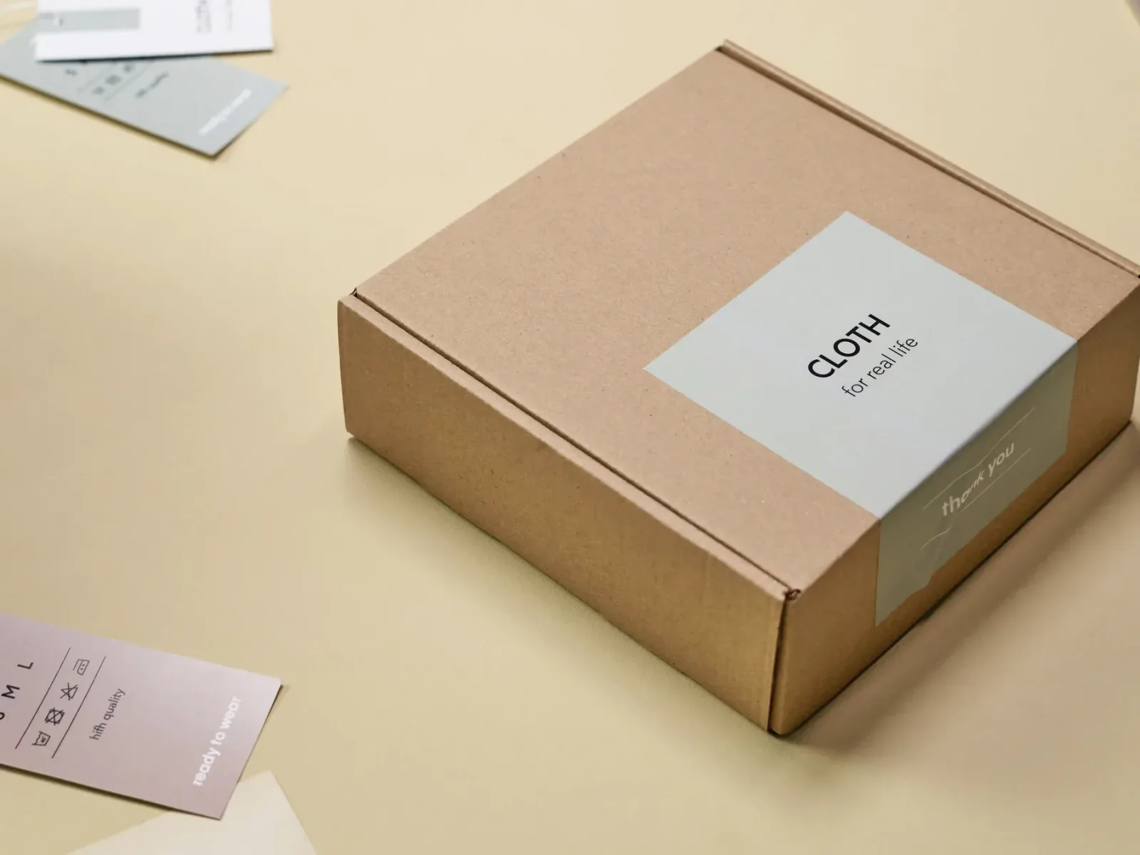 Kraft retail box with a printed label and coordinated hang tags on a sand background